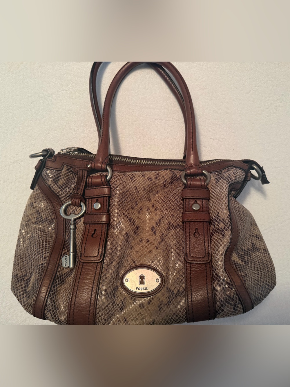Fossil Brown Snake-Print Leather Tote with Key Charm
